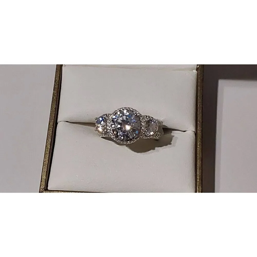 Gorgeous 9.4 Ct. Genuine Diamond Simulant Three Stone Halo Pave Wedding Ring #8